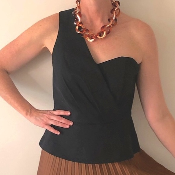 SABA Matte Black One Shoulder Top Glam Peplum Cotton Fit&Flare Lined Size 12 NWT - Picture 2 of 16